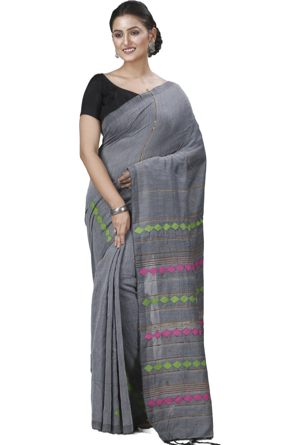 Grey Pure Cotton Tika Applique Saree (1276)